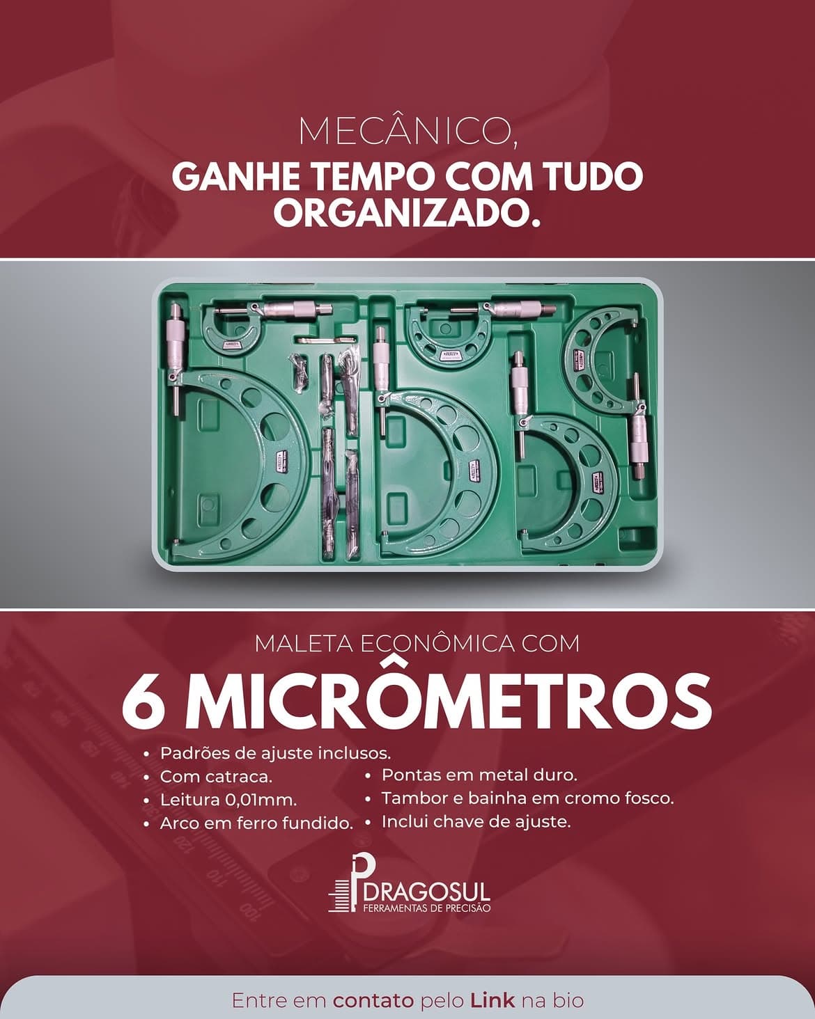 Kit com 6 micrômetros de precisão Dragosul